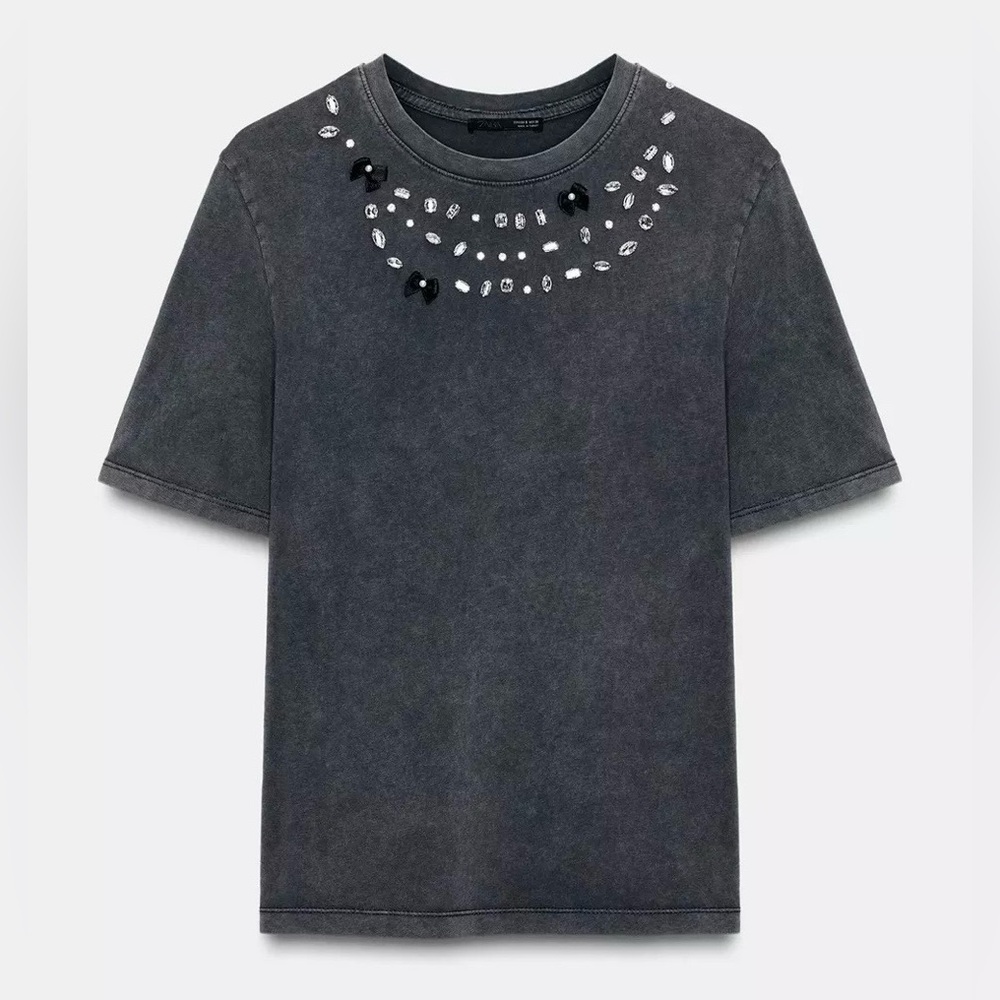 Zara Anthracite Gray T-Shirt With Rhinestones & Bows | XL | Cotton | NWT - Picture 5 of 14